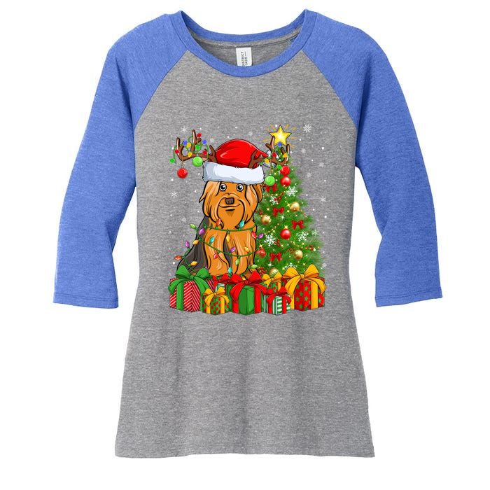 Xmas Holiday Santa Yorkshire Terrier Dog Christmas Tree Gift Women's Tri-Blend 3/4-Sleeve Raglan Shirt