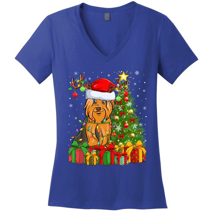 Xmas Holiday Santa Yorkshire Terrier Dog Christmas Tree Gift Women's V-Neck T-Shirt