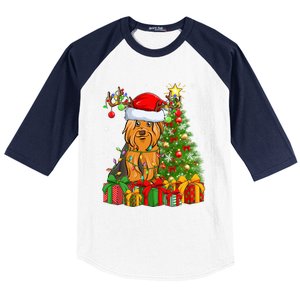 Xmas Holiday Santa Yorkshire Terrier Dog Christmas Tree Gift Baseball Sleeve Shirt