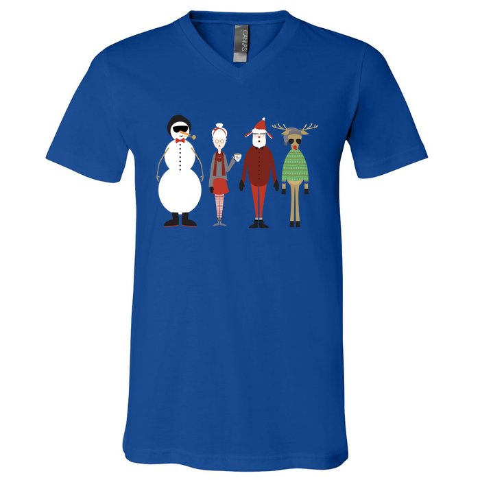 Xmas Hipster Santa And Mrs Claus Snow Rudy Reindeer Gift V-Neck T-Shirt