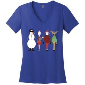 Xmas Hipster Santa And Mrs Claus Snow Rudy Reindeer Gift Women's V-Neck T-Shirt