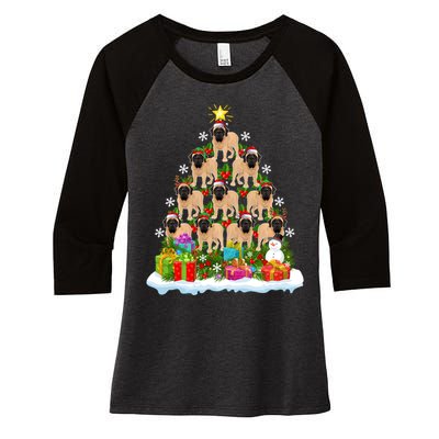 Xmas Holiday Santa English Mastiff Dog Christmas Tree Women's Tri-Blend 3/4-Sleeve Raglan Shirt