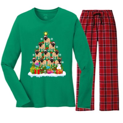 Xmas Holiday Santa English Mastiff Dog Christmas Tree Women's Long Sleeve Flannel Pajama Set 