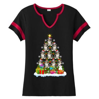 Xmas Holiday Santa Shih Tzu Dog Christmas Tree Ladies Halftime Notch Neck Tee