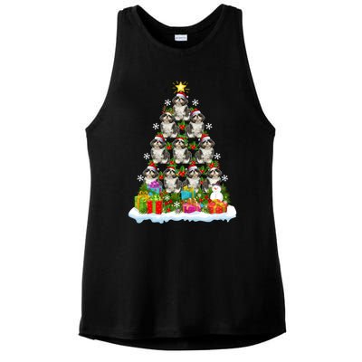 Xmas Holiday Santa Shih Tzu Dog Christmas Tree Ladies PosiCharge Tri-Blend Wicking Tank