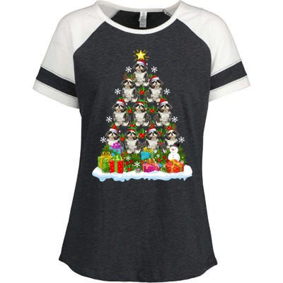 Xmas Holiday Santa Shih Tzu Dog Christmas Tree Enza Ladies Jersey Colorblock Tee