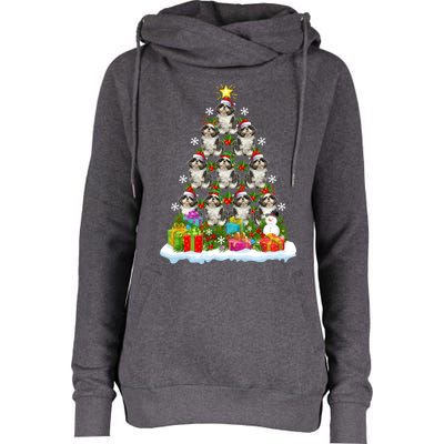 Xmas Holiday Santa Shih Tzu Dog Christmas Tree Womens Funnel Neck Pullover Hood