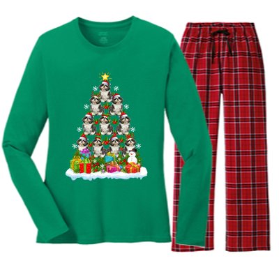 Xmas Holiday Santa Shih Tzu Dog Christmas Tree Women's Long Sleeve Flannel Pajama Set 