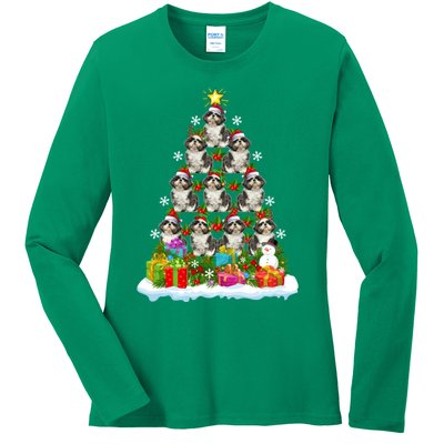 Xmas Holiday Santa Shih Tzu Dog Christmas Tree Ladies Long Sleeve Shirt