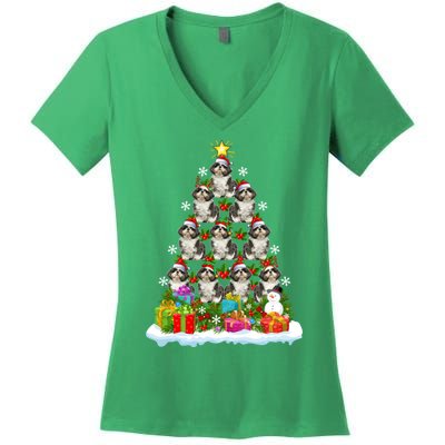 Xmas Holiday Santa Shih Tzu Dog Christmas Tree Women's V-Neck T-Shirt