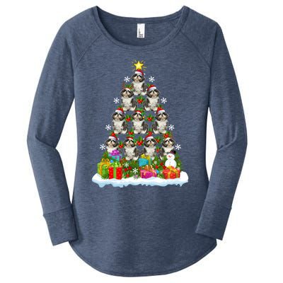 Xmas Holiday Santa Shih Tzu Dog Christmas Tree Women's Perfect Tri Tunic Long Sleeve Shirt