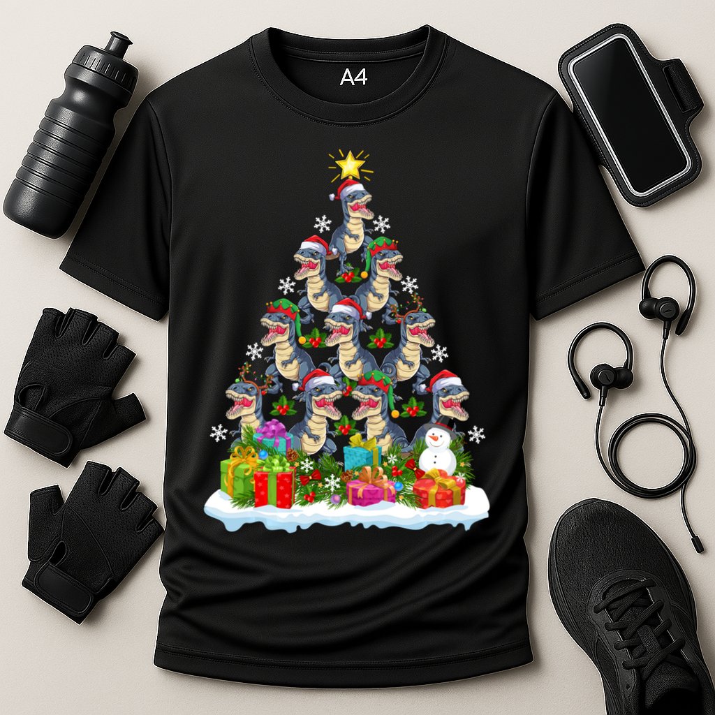 Xmas Holiday Santa TRex Dinosaur Christmas Tree Performance Shirt