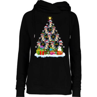 Xmas Holiday Santa TRex Dinosaur Christmas Tree Womens Funnel Neck Pullover Hood