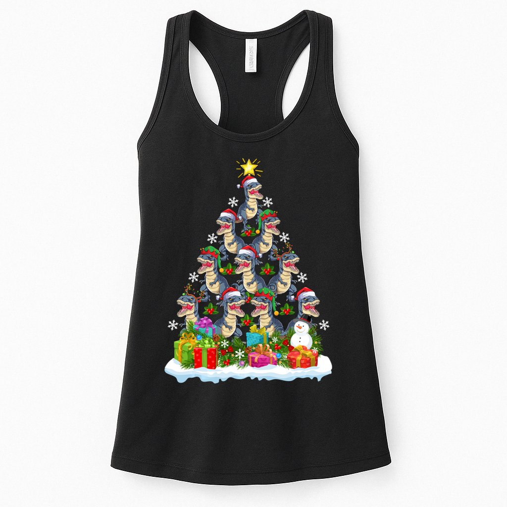 Xmas Holiday Santa TRex Dinosaur Christmas Tree Womens Tank Top