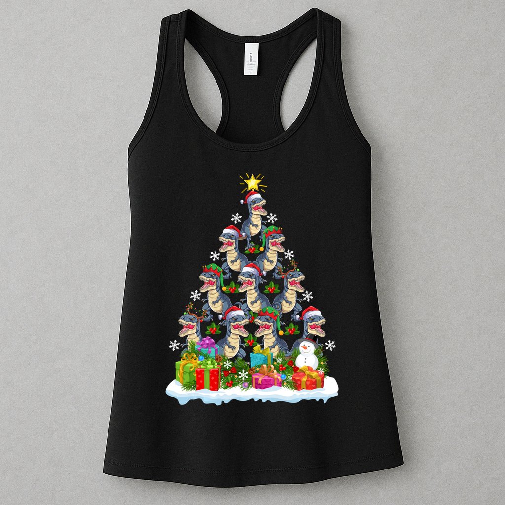Xmas Holiday Santa TRex Dinosaur Christmas Tree Womens Tank Top