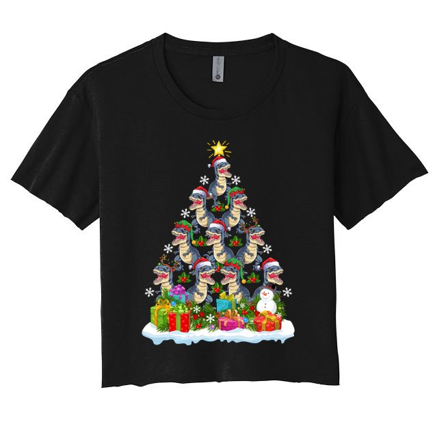 Xmas Holiday Santa TRex Dinosaur Christmas Tree Women's Crop Top Tee
