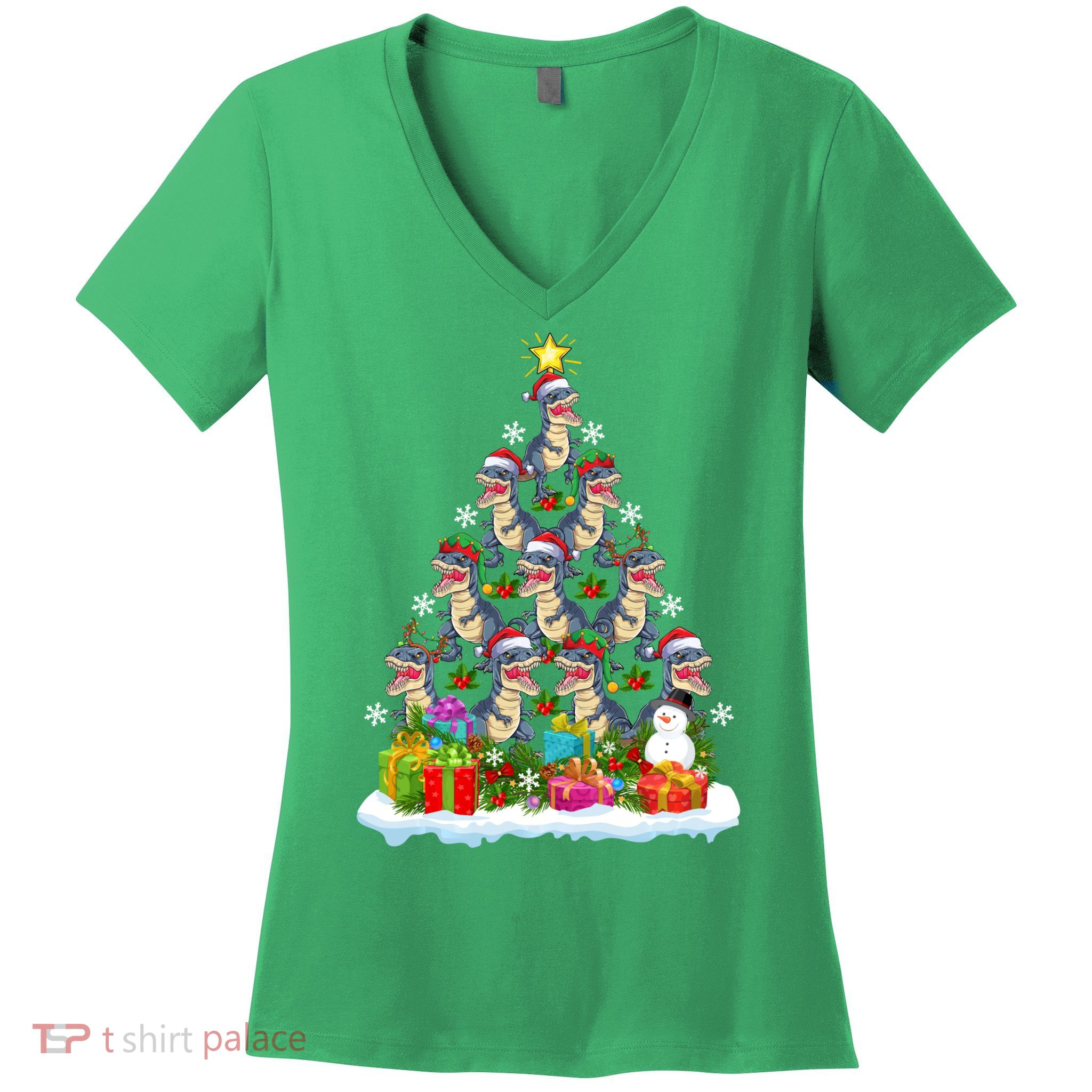 Xmas Holiday Santa TRex Dinosaur Christmas Tree Women's V-Neck T-Shirt
