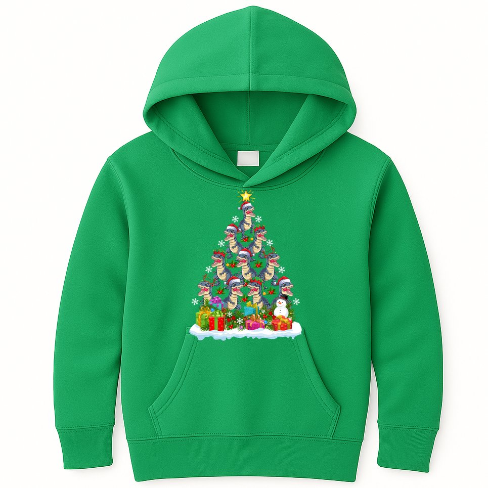 Xmas Holiday Santa TRex Dinosaur Christmas Tree Kids Hoodie