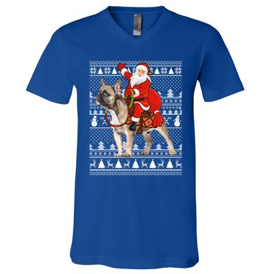 Xmas Holiday Ugly Santa Riding French Bulldog Christmas Gift V-Neck T-Shirt