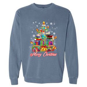 Xmas Light Book Lover Librarian Library Books Christmas Tree Gift Garment-Dyed Sweatshirt