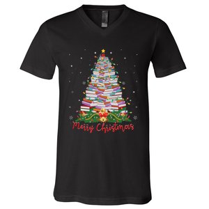 Xmas Light Book Lover Librarian Library Books Christmas Tree V-Neck T-Shirt