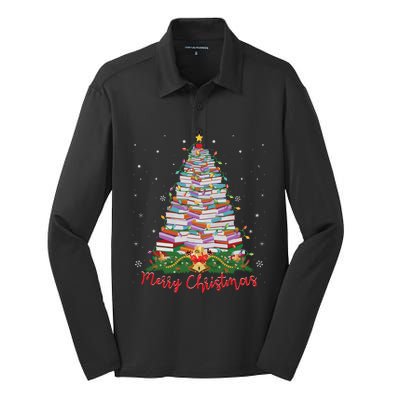 Xmas Light Book Lover Librarian Library Books Christmas Tree Silk Touch Performance Long Sleeve Polo