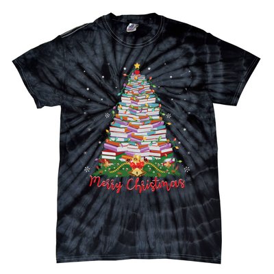 Xmas Light Book Lover Librarian Library Books Christmas Tree Tie-Dye T-Shirt