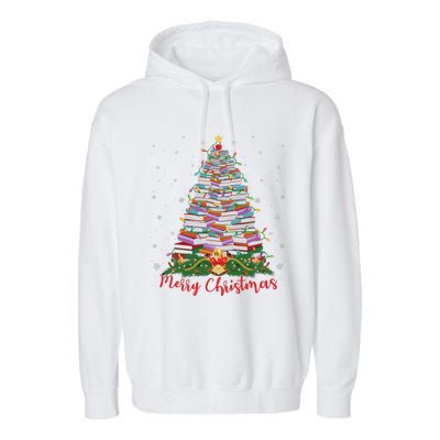 Xmas Light Book Lover Librarian Library Books Christmas Tree Garment-Dyed Fleece Hoodie