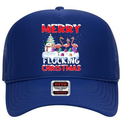 Xmas Lighting Funny Merry Flocking Flamingo Christmas Meaningful Gift High Crown Mesh Back Trucker Hat