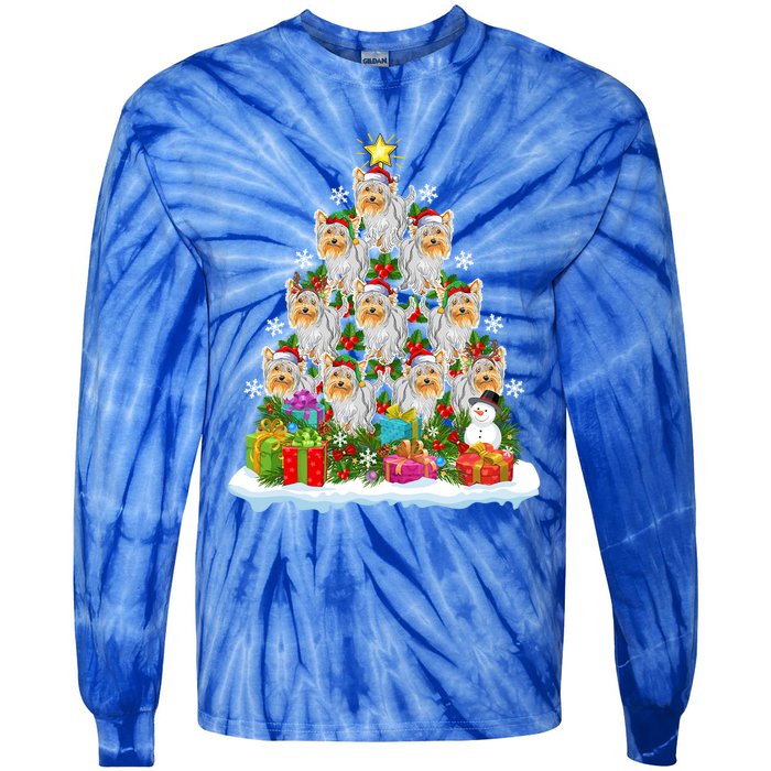 Xmas Lights Funny Santa Yorkshire Terrier Dog Christmas Tree Gift Tie-Dye Long Sleeve Shirt