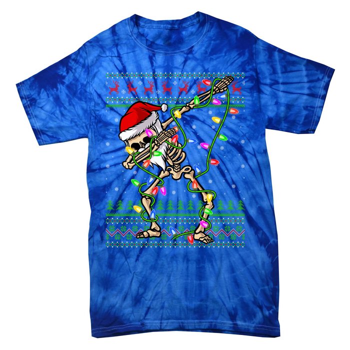 Xmas Lighting Funny Ugly Skeleton Santa Dabbing Christmas Gift Tie-Dye T-Shirt