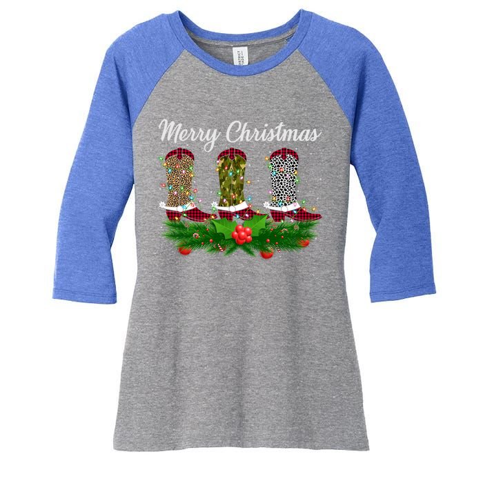 Xmas Lights Leopard Buffalo Plaid Cow Boots Christmas Meaningful Gift Women's Tri-Blend 3/4-Sleeve Raglan Shirt