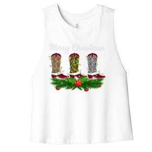 Xmas Lights Leopard Buffalo Plaid Cow Boots Christmas Meaningful Gift Women's Racerback Cropped Tank