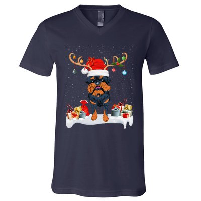 Xmas Lights Reindeer Santa Brussels Griffon Dog Christmas V-Neck T-Shirt