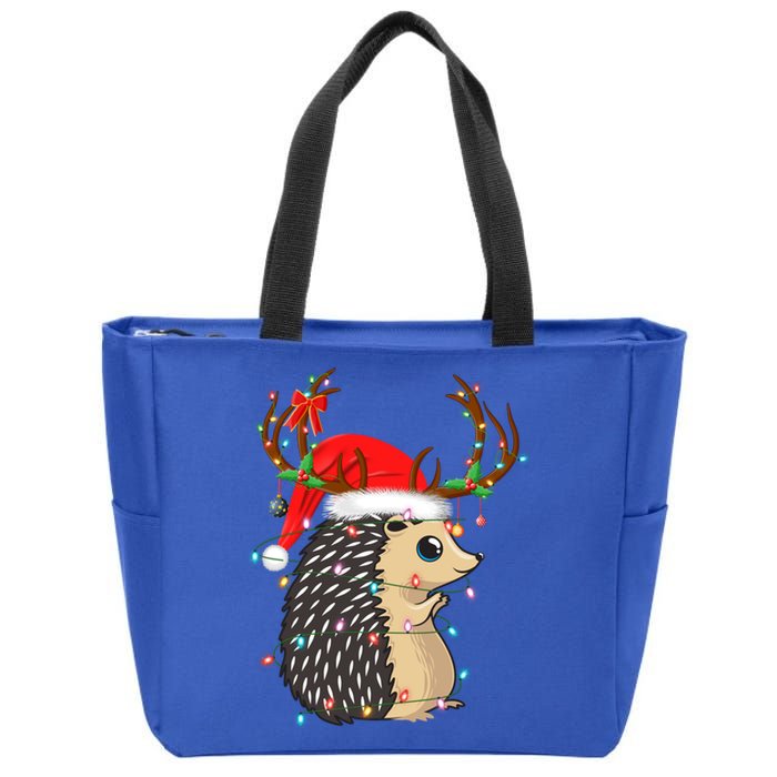 Xmas Lighting Reindeer Santa Hat Hedgehog Christmas Funny Gift Zip Tote Bag