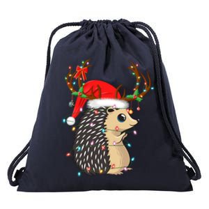 Xmas Lighting Reindeer Santa Hat Hedgehog Christmas Funny Gift Drawstring Bag