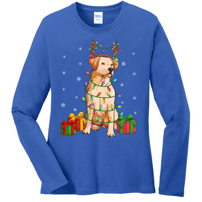 Xmas Lighting Reindeer Hat Labrador Retriever Christmas Cool Gift Ladies Long Sleeve Shirt