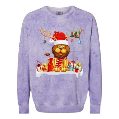 Xmas Lights Reindeer Santa Hat Lion Christmas Colorblast Crewneck Sweatshirt