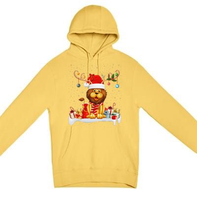 Xmas Lights Reindeer Santa Hat Lion Christmas Premium Pullover Hoodie