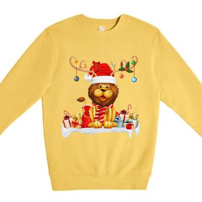 Xmas Lights Reindeer Santa Hat Lion Christmas Premium Crewneck Sweatshirt