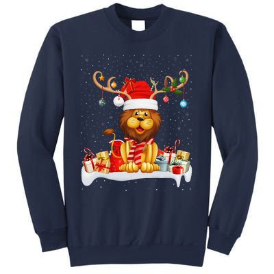 Xmas Lights Reindeer Santa Hat Lion Christmas Sweatshirt