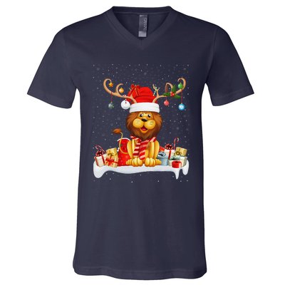 Xmas Lights Reindeer Santa Hat Lion Christmas V-Neck T-Shirt