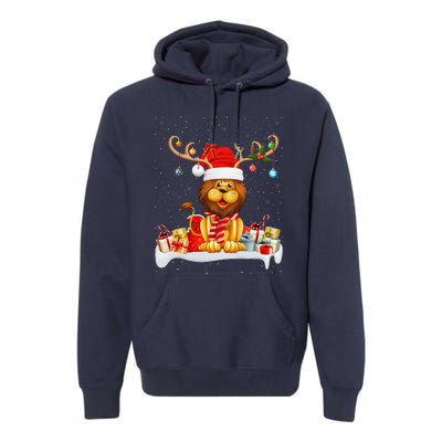 Xmas Lights Reindeer Santa Hat Lion Christmas Premium Hoodie