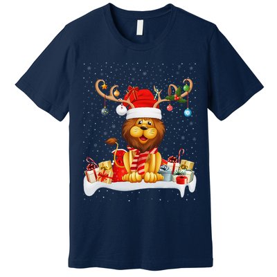 Xmas Lights Reindeer Santa Hat Lion Christmas Premium T-Shirt