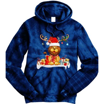 Xmas Lights Reindeer Santa Hat Lion Christmas Tie Dye Hoodie