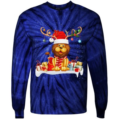 Xmas Lights Reindeer Santa Hat Lion Christmas Tie-Dye Long Sleeve Shirt