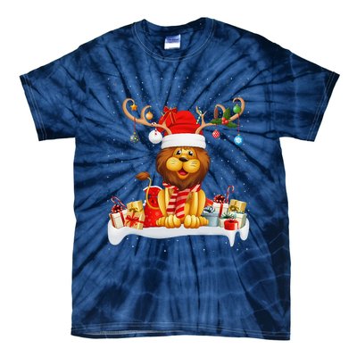 Xmas Lights Reindeer Santa Hat Lion Christmas Tie-Dye T-Shirt