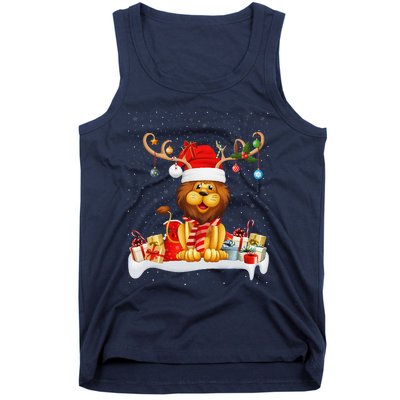 Xmas Lights Reindeer Santa Hat Lion Christmas Tank Top