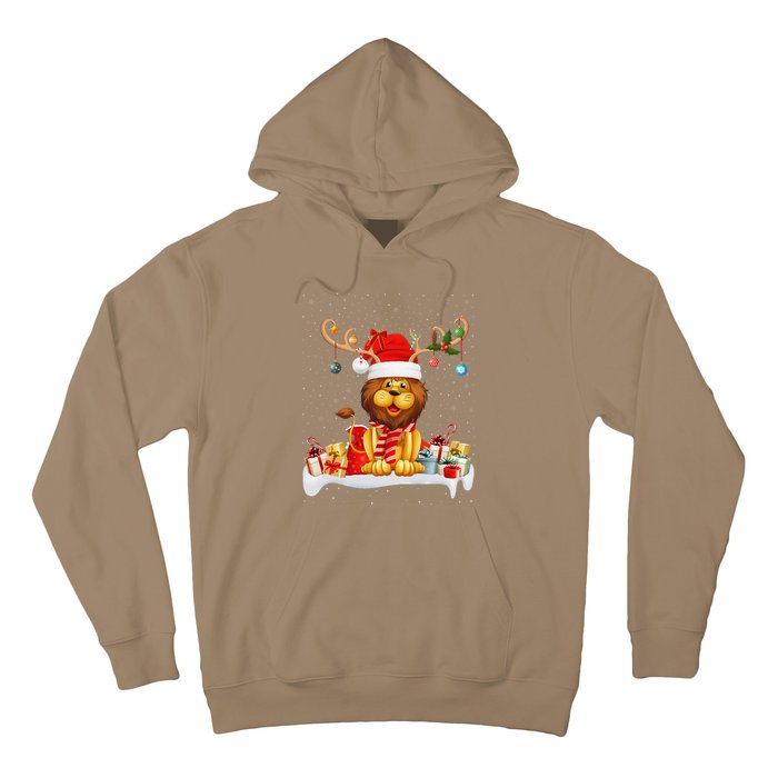 Xmas Lights Reindeer Santa Hat Lion Christmas Hoodie