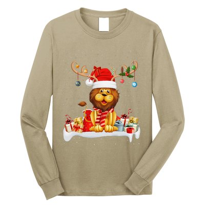 Xmas Lights Reindeer Santa Hat Lion Christmas Long Sleeve Shirt